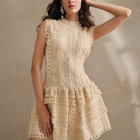 Apricot Elegant Women's French Floral Lace A-Line Collar Sleeveless Crop Dress - Picture 6 of 7